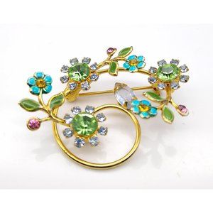 Vintage Curly Cue Floral Spray Brooch Gold Tone with Colorful Enamel and Crystal